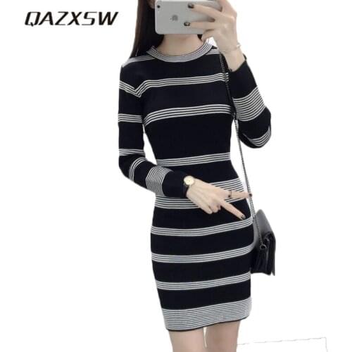QAZXSW 2018 Spring Knitted Dress Women Woolen Dress Slim Ladies Sweater Dress Harajuku Striped Render Dress Vestido Casual HB521