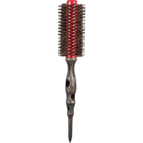 Brush Natural Bristle Roller Comb With Non-slip Wood Handle Aluminum Round Comb for Hair Styling