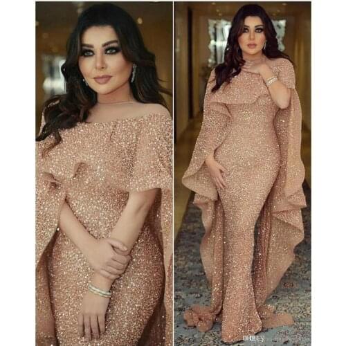 2020 Luxury Mermaid Arabic Long Evening Dresses Sheer Jewel Neck Capped Sequins Floor Length Middle East Prom Formal Party Dress
