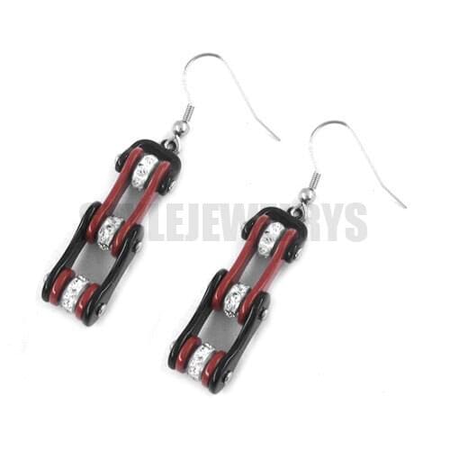 Wholesale Red & Black Bicycle Chain Earrings Bling Rhinestone Stainless Steel Jewelry Motor Biker Drop Earrings SJE370122L