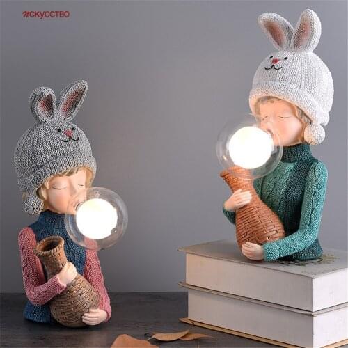 Nordic Ins Vase Bunny Hat Girl Resin Art Deco Led Table Lamp For Children Bedroom Living Room Creative Bedside Standing Lights