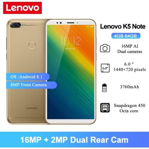 Lenovo K5 Note Smartphone 6.0" Snapdragon 450 Octa core 8MP Front Camera 3760mAh 4GB 64GB 4G LTE Cellphone