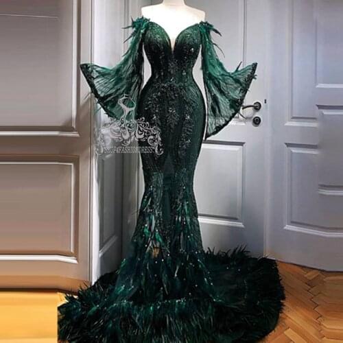 Unique Dark Green Beading Mermaid Evening Dress With Flare Sleeves Luxury Feather Appliques Evening Gowns See Thru Party Dress