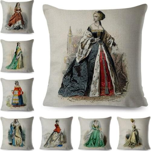 Vintage Style Cushion Cover Decor Cartoon European Lady Print Pillow Case for Sofa Home Car Polyester Pillowcase 45x45cm