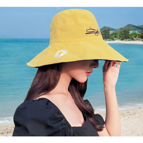 Double-sided Summer Wide Brim Daisy Bucket Hat Women Outdoor Anti-UV Beach Sun Hats Reversible Panama Hat Cotton Fisherman Cap