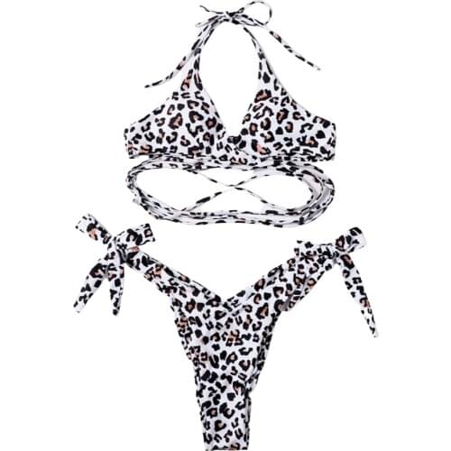 2 Pieces Female Swimwear Leopard Print Spaghetti Strap Bikini Top+ Bikini Panties for Women