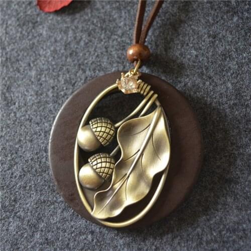 Retro Ethnic Style Womens Necklace Leaves Geometric Wood Circle Sweater Chain Leather Rope Link Necklaces Trendy Jewelry