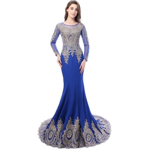 Elegant 2019 Green Mermaid Long Prom Dresses Lace Applique Long Sleeve Prom Gown Vestido de gala