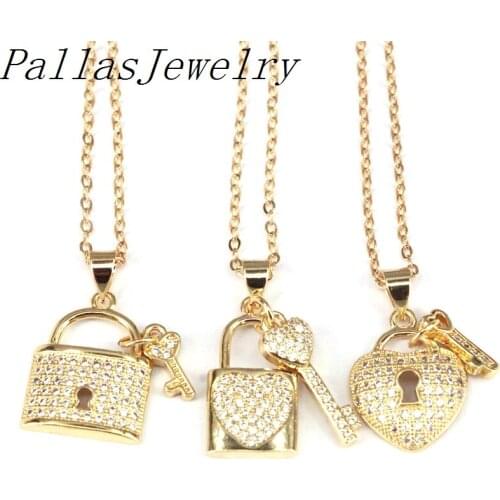 10Pcs, Fashion cz charm pendant necklace,clear cz inlay lock key pendant necklace, jewelry wholesale