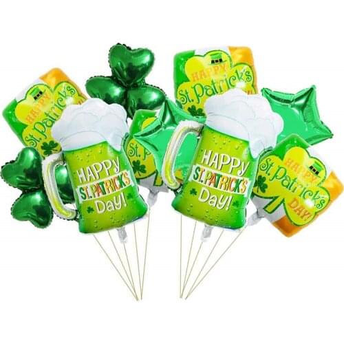 10 Set St. Patricks Day Balloon Decoration Green Shamrock Clovers Irish Festival Beer Glass Aluminum Foil Balloons Wholesale X2