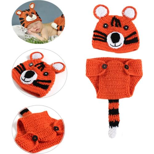 2Pcs/Set Crochet Knit Cartoon Tiger Hat Long Tail Pants Outfits Baby Photo Costume Clothes Newborn Photography Prop