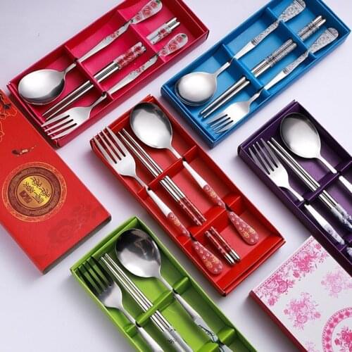 3PC Chopsticks Spoon Fork Package Spoon Fork And Chopsticks Gift Boxes Kit Chinese Blue White Porcelain Tableware For Kitchen