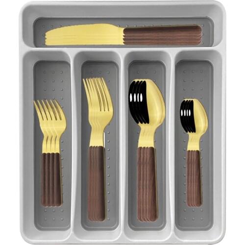 4Set Wooden Handle Dinnerware Stainless Steel Tableware Cutlery Set Knife Fork Tea Spoon Party Flatware Set With Plastic Storage