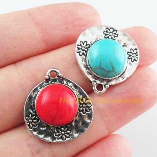 8Pcs Retro Tibetan Silver Tone Flower Heart Blue&Red Stone Charms Pendants 20x22mm