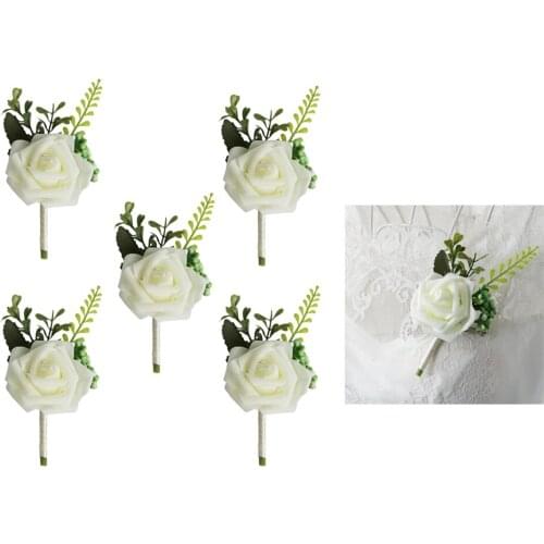 5Pcs Wedding Boutonniere Corsage, Artificial Rose Flower Corsage for Sister Grooms Groomsmen Bride Bridesmaids, White