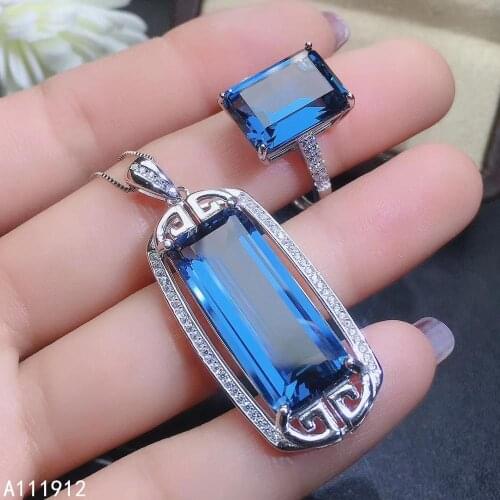 KJJEAXCMY fine jewelry natural blue topaz 925 sterling silver women pendant necklace chain ring set support test exquisite