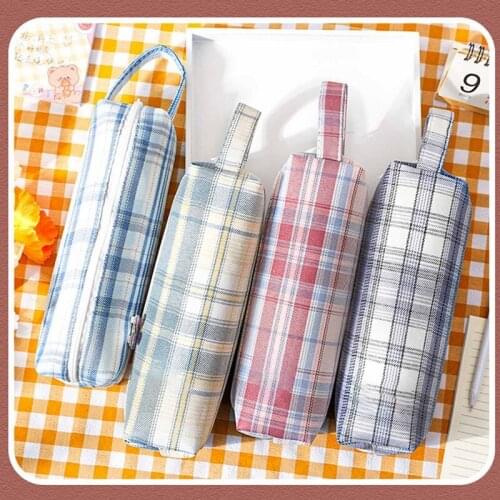 Pencil Case Simple Japanese Style Grid Student Pencil Bag Case Fashion Grid Stripe Canvas Pen Bag Hand Stationery Pouch