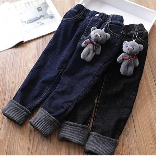 Children thick warm denim trousers kids girls jeans 2018 new cartoon cute bear pants elastic feet pants trousers for kids baby