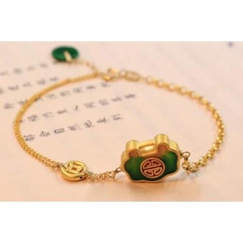Ancient Golden Wishes Double-Sided Bracelet Chain Body Natural Hetian Jade Green Jade Good Luck Lucky Fortune Bracelet Ornament