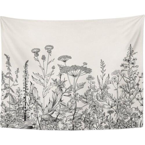 Floral Border Herbs and Wild Flowers Botanical Engraving Style Black and White Tapestry Home Decor Wall Hanging 60" x 80" Inches