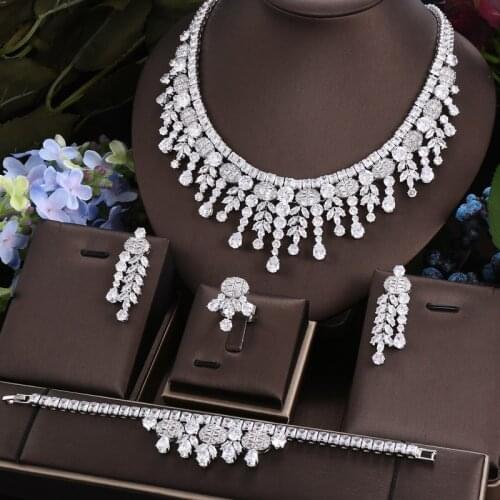 Janekelly 4pcs Bridal Zirconia Full Jewelry Sets For Women Party, Luxury Dubai Nigeria CZ Crystal Wedding necklace sets