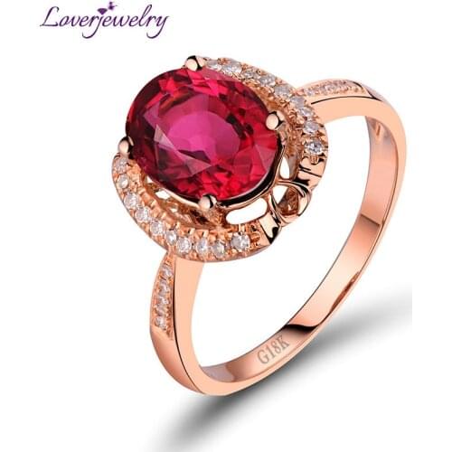 LOVERJEWELRY Women Ring Oval 7x9mm Solid 18K Rose Gold Natural Pink Tourmaline Engagement Diamonds Ring For Wife Loving Jewelry