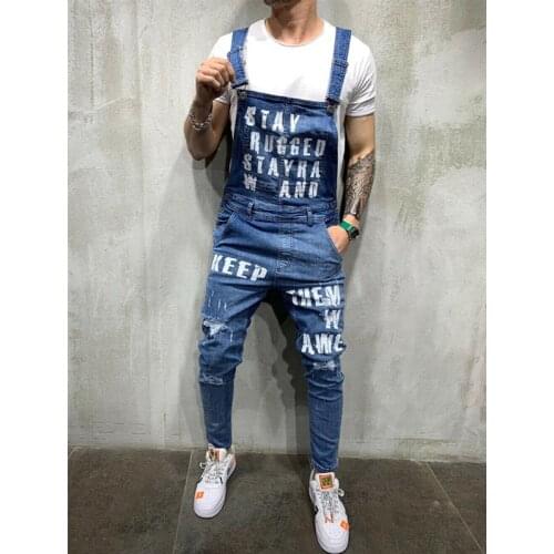 New Men Ripped Jeans Jumpsuits Vintage Distressed Denim Bib Overalls Male Suspender Pants Long Trouser Autumn Playsuit Plus Size