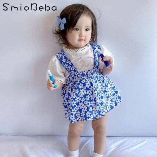 Korean Girls Summer Baby Short Sleeve Top And Trousers Set White Lace Shirts+Blue Floral Rompers Belt Bodysuts 2PCS Suits Kids