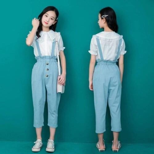 Summer New CUHK Girls Clothes Sets Fashion Suit Lace Shirt + Overalls Suit Baby Girls Outside Wear Sports Suit Clothing Sets