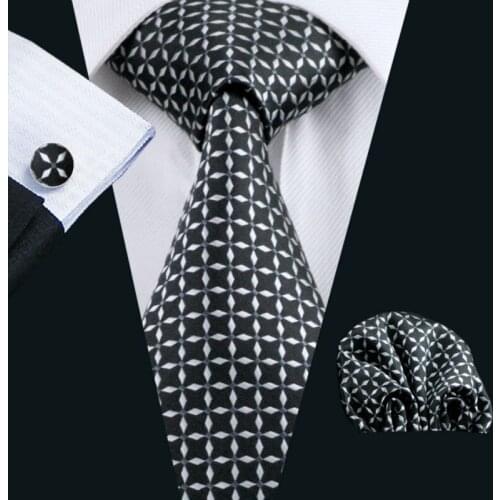LS-527 Men`s Tie 100% Silk White&Black Novelty Jacquard Woven Tie+Hanky+Cufflinks Set For Wedding Business Party Free Postage