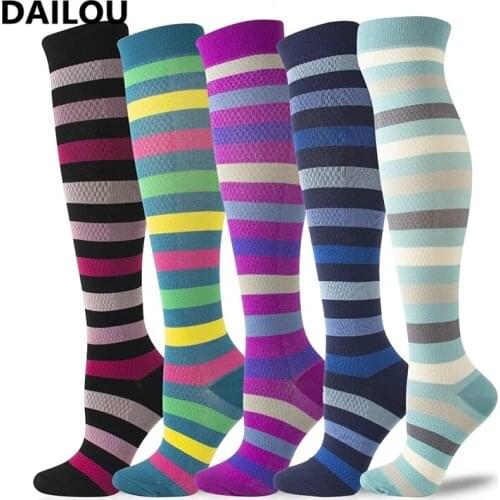 Fashion Women Compression Stockings Horizontal Stripes Varicose Veins Relieve Stress Promote Blood Circulation Long Socks Men