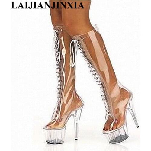 LAIJIANJINXIA New Transparent Thin Heels 15cm High Heels Women Boots Platform Shoes Woman Shoes Knee-High Boots Motorcycle boots