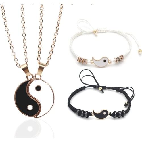 Couple Bracelets Necklaces Chinese Tai Chi Fengshui Hematite Leather Cord Braid Chain Bracelet Alloy Pendant Woven Bracelet Gift