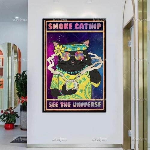 Black Cat - Smoke Catnip See The Universe Poster, Canvas Print, Funny Cat Home Decor , Cool Cat Print, Smoke Cat Wall Art Gift