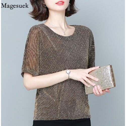 Plus Size Summer New O Neck Loose Striped Women Blouse Short Sleeve Womens Shirt Tops Korean Glitter Casual Clothing 4XL 13713