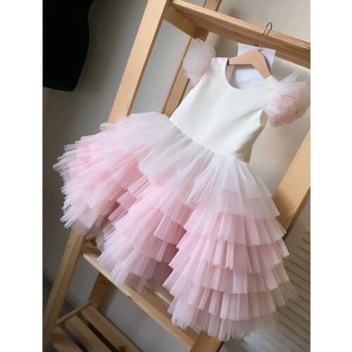 Pink Tulle Tiered Bottom Girls Celebration Dress White Top Baby Girls Birthday Party Dress Pink Bottom White Top Girls Dress