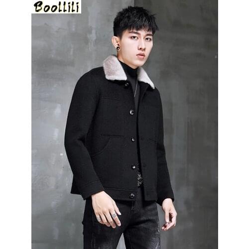 Boollili Wool Coat Men Spring Autumn Alpaca Cashmere Jacket Short Mens Overcoat Mink Fur Collar Korean Erkek Mont