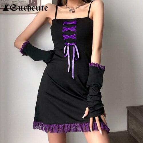 SUCHCUTE Dark Academia Fashion Purple Lace Patchwork Mini Dress With Arm Gloves Cross Lace Up Summer Gothic Dress For Women