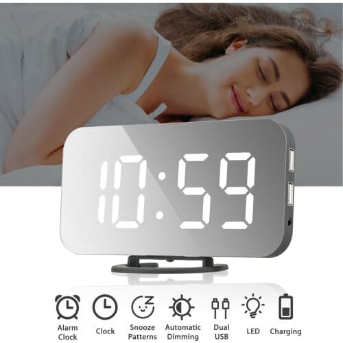 LED Digital Alarm Clock Portable Dual USB Ports Electronic Desktop Clocks Night Mode Mirror Alarm Snooze Table Clock Home Decor