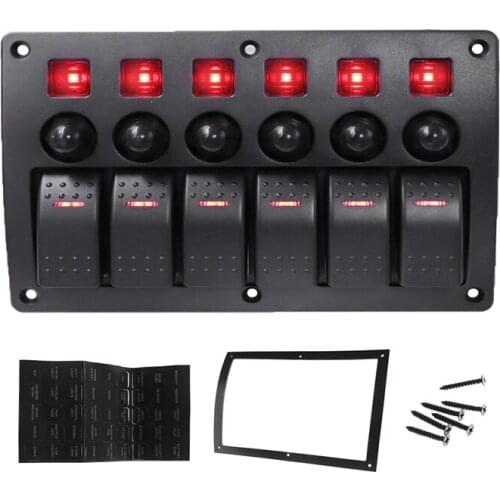 LED 6 Gang Switch Panel With Red Backlight Circuit Breackers Waterproof ON-OFF Rocker Switch For Car Auto Truck Boat 12V 24V