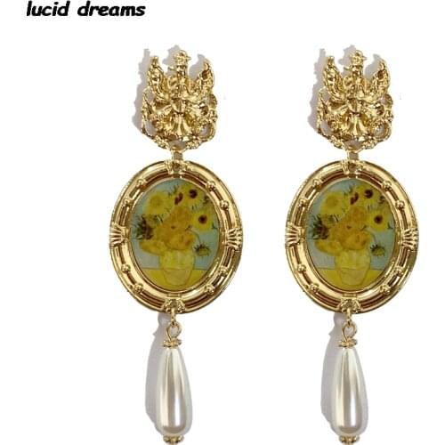Van Gogh Sunflower Gold Vintage Fashion Drop Earrings Women Baroque Style Long Dangle Earrings Handmade Statement Jewelry Bridal