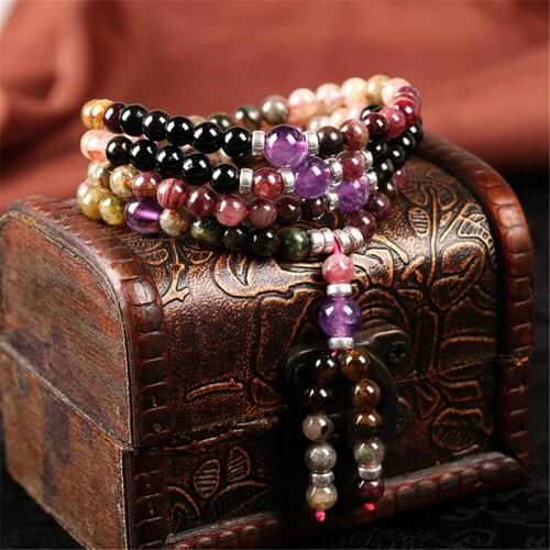 High Quality 5A Natural Tourmaline with Purple Crystal Bracelet Fashion Women Brazil Crystal 108 Beads Bracelets Lucky Jewelry
