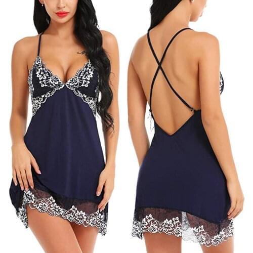 Women Silk Lace Sleeveless Babydoll Sexy Lingerie V neck Nightdress Nightgown mini short Sleepwear Exotic Night dress