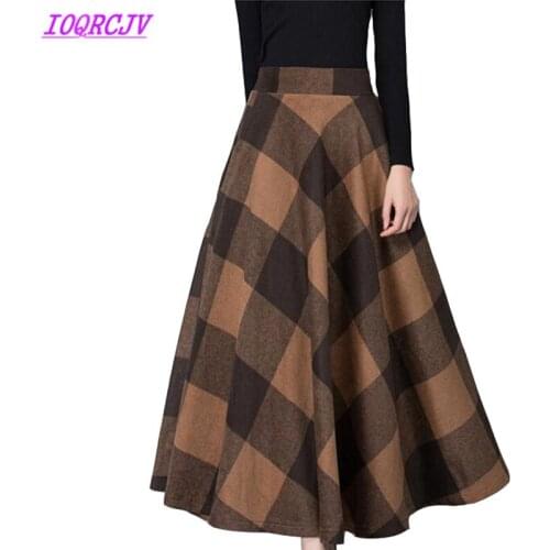 Plaid woolen skirt womens 2018 autumn winter thick High waist long skirt Plus size Slim Large swing skirt Size can be customized