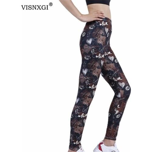 VISNXGI High Waist Coffee Letters Love Printing Fitness Leggings Women Workout Push Up Activewear Knitted Ankle-Length Pants