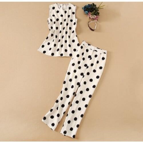 High Quality Clothing Sets 2021 Summmer Pant Suit Women Polka Dot Print Sleeveless Long Tops Blouse+Full Length Pant Set Casual