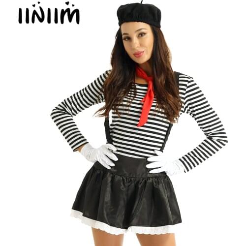 6Pcs Women Adults Mime Costume French Artist Clown Circus Fancy Dress Striped Top Black Skirt with Beret Red Scarf Suspender