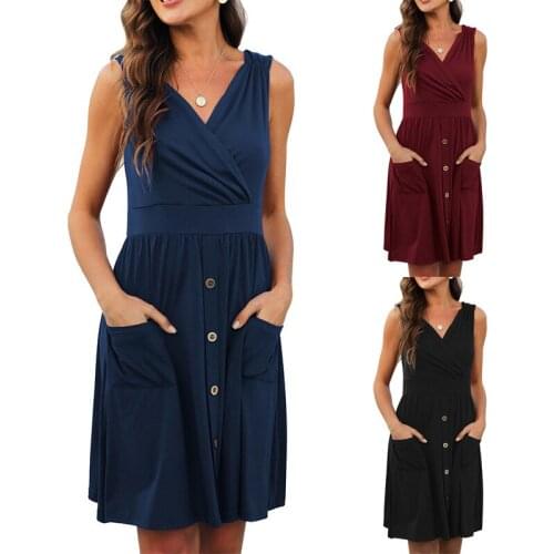Women Summer High Street Solid A-line Party Dress Fashion Casual High Waist Button Sexy V-neck Sleeveless Vintage Dress Vestidos