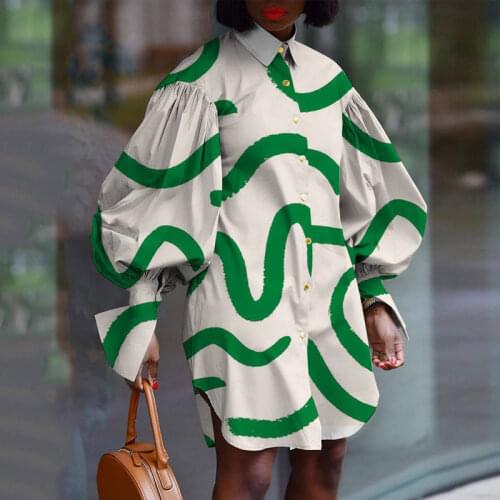 2021 Women Curvy Printed Shirt Dress Lantern Sleeve Button Street Style Casual Loose Mini Dresses Plus Size New Ladies Clothing