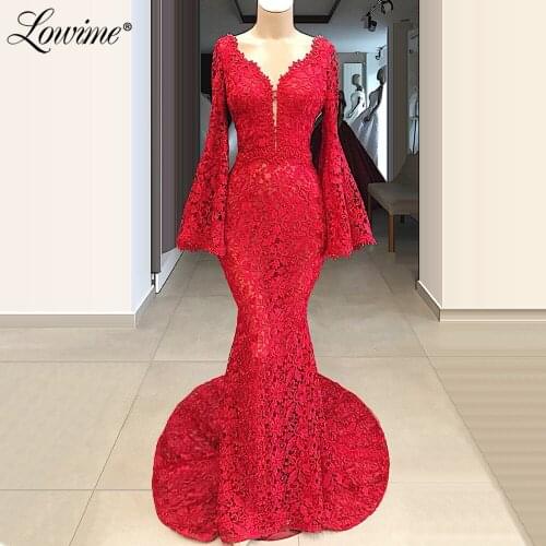 Dubai Design Red Lace Beaded Evening Dress Vestidos De Fiesta De Noche Long Prom Dresses Mermaid 2020 Arabic Party Gowns Vestido